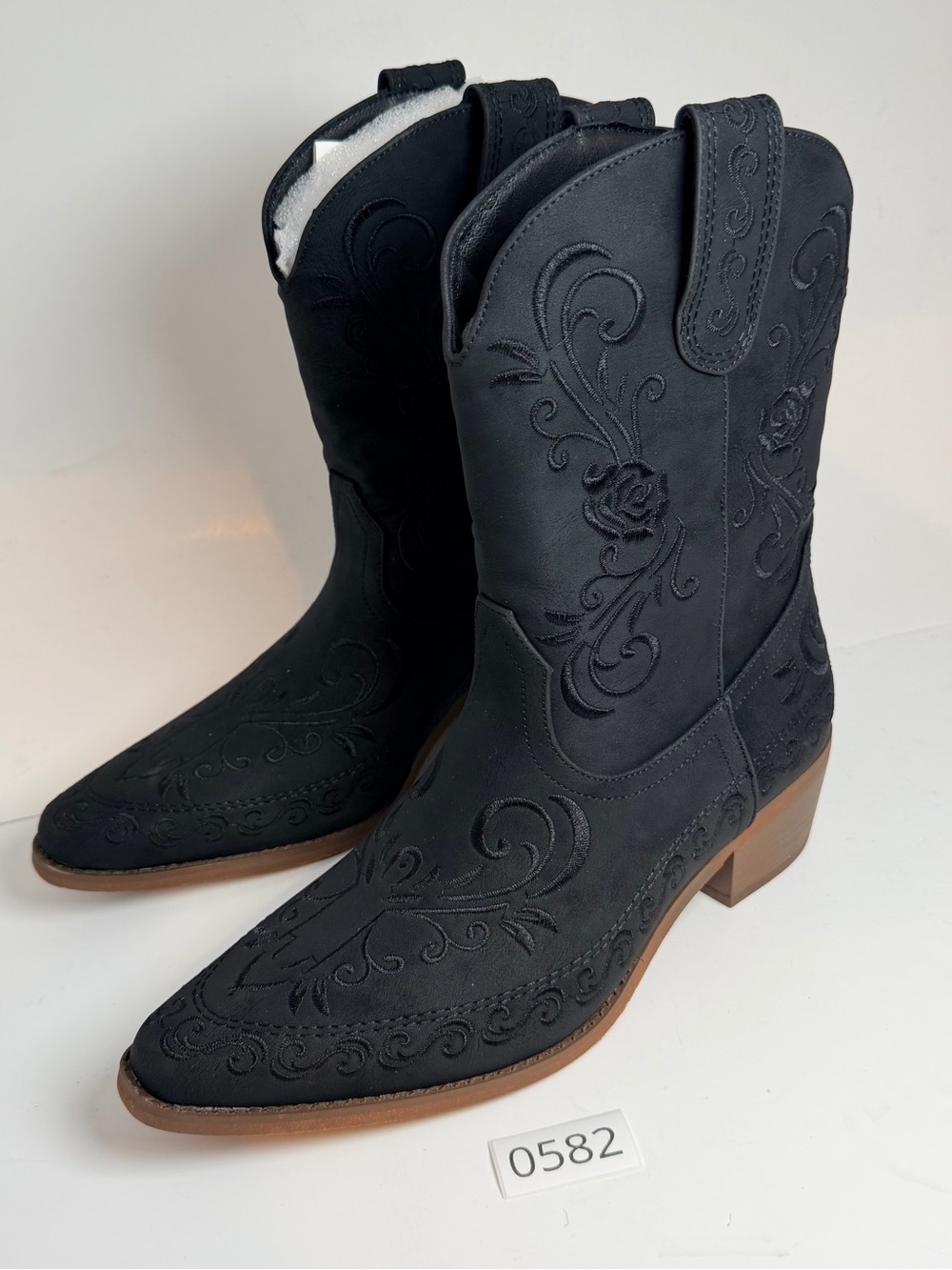 Black Embroidered Western Ankle Boots - Women
